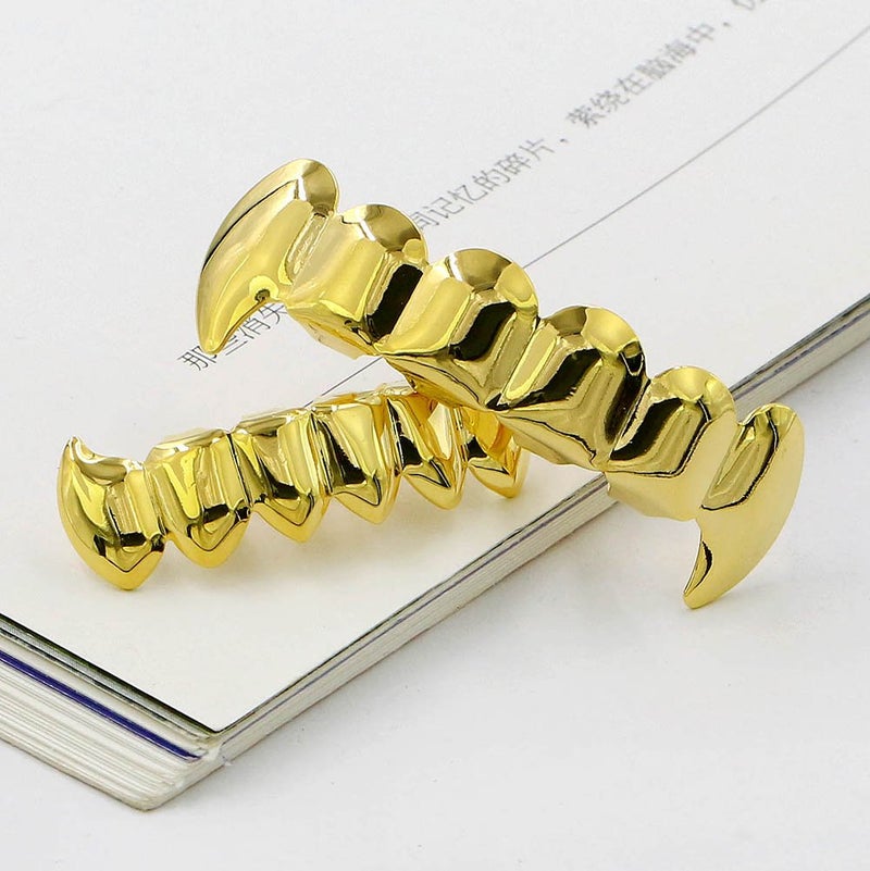 JINAO Gold Vampire Grillz Face 14K Gold Plated Hip Hop Top Bottom Fangs Grills for Your Teeth Set for Men and Women (Gold Grillz) - Image 3